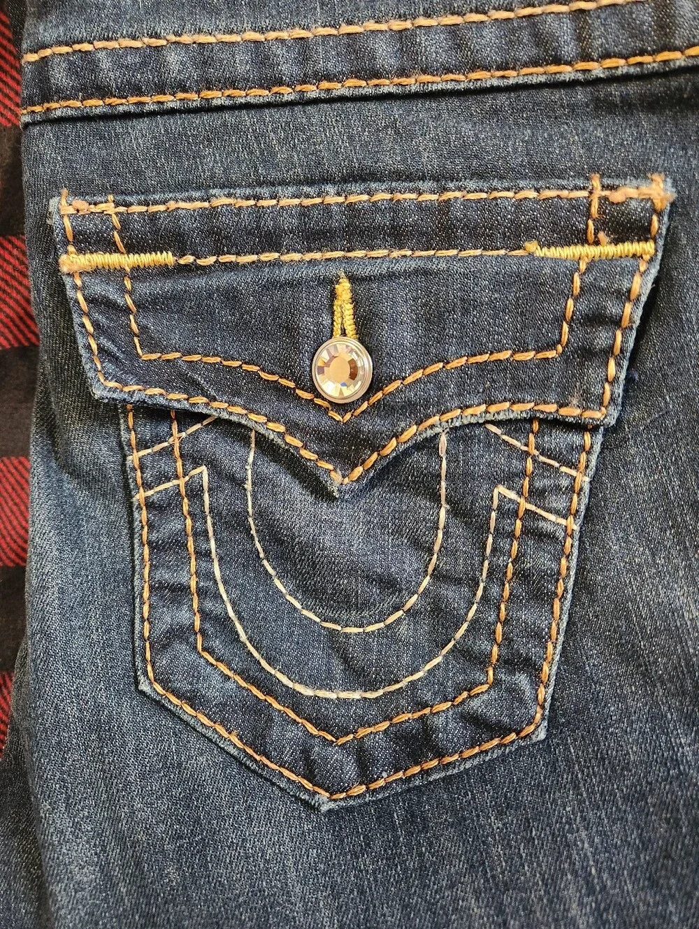 True Religion Dark Wash Rhinestone Flap Pocket Bootcut Jeans Size 28 Y2K - Picture 10 of 12
